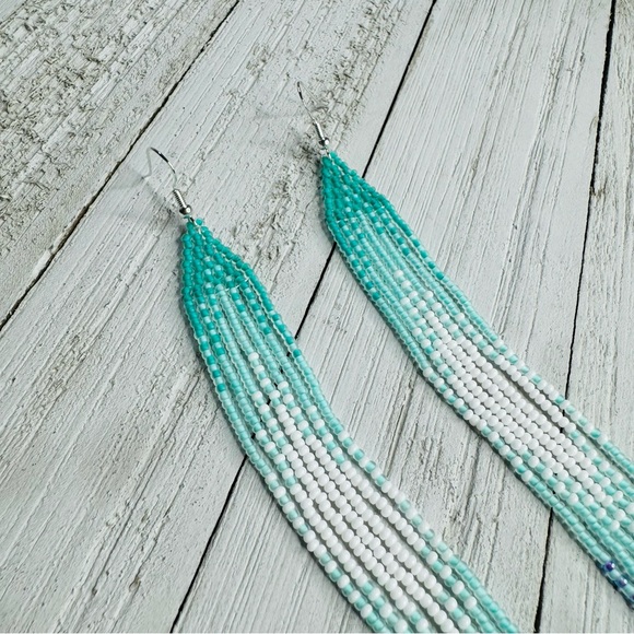 Long Seed Beaded Earrings Native American Themed Beaded Jewelry 6.5" Long Handma - Picture 4 of 7